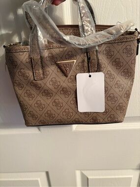 GUESS Beige/Tan Mini Logo Tote with Gold Triangle Logo